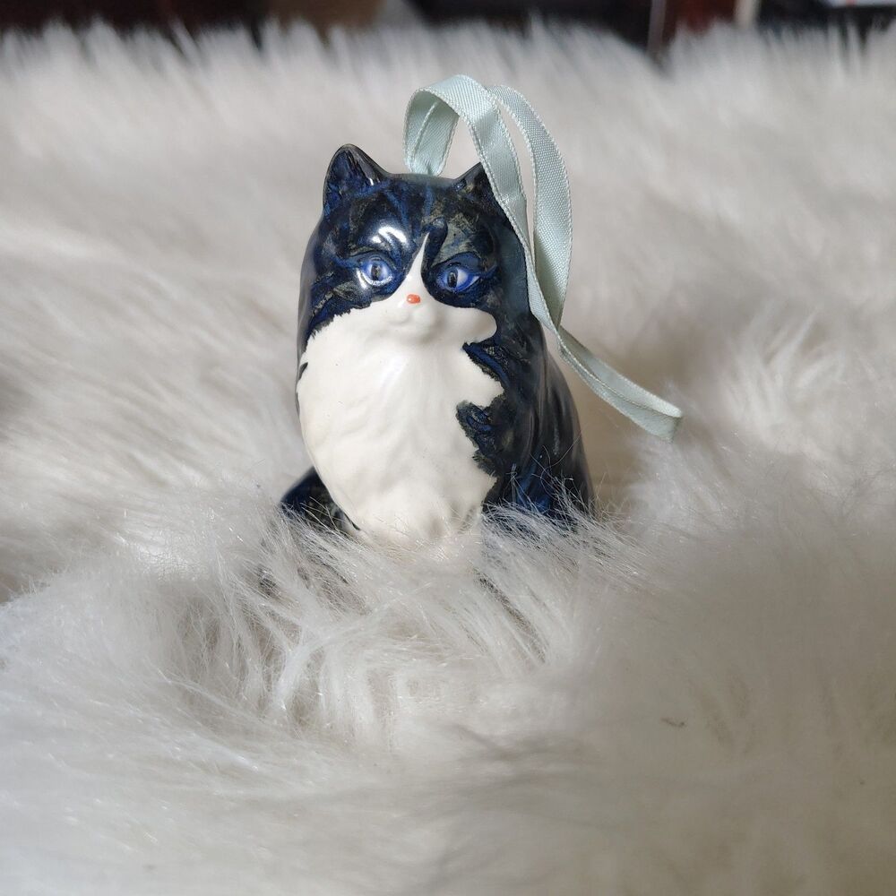 Hanging Blk & White Fluffy Cat Potpourri Holder with Stopper Vintage Porcelain